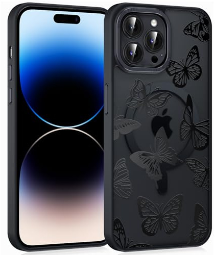 Coiwxmoi Magnetische Handyhülle für iPhone 14 Pro 6,1 Hülle, Kompatibel mit MagSafe, Aesthetic Schmetterlinge Muster Transluzente Mädchen Case, Matte PC Dünn TPU Bumper Stoßfest Schutzhülle - Schwarz