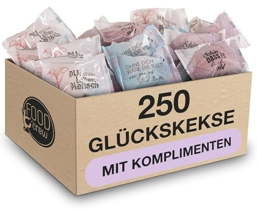 FOOD crew 250x Glückskekse Komplimente - Glückskekse als kleine Geschenke Idee für Familie, Freunde, Kollegen - Sprüche auf Deutsch - Made in Germany - kleine Geschenke Kompliment Kekse