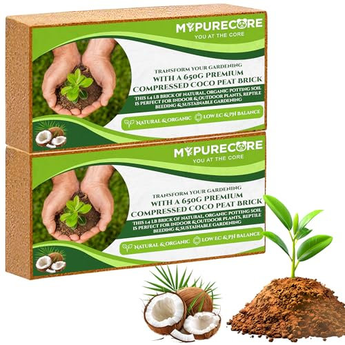 MYPURECORE 2 x 650g Organic Coco Coir Bricks – Natural Coconut Fiber for Indoor & Outdoor Plants, Tortoise Bedding, Reptile Substrate, Orchid Bark, Succulent Potting Soil, and Garden Compost