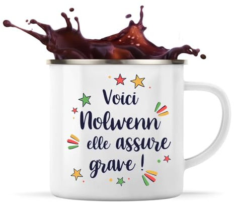 Planetee Tasse métallique Nolwenn elle assure grave ! | Mug Mazagran Cadeau Fête des Mères Anniversaire Soeur Noël Tata Marraine Timbale Camping