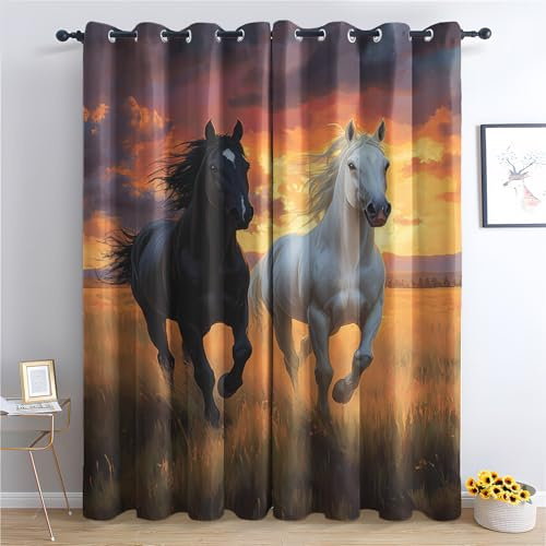 Luxfieo Pferd Vorhänge Western Laufendes Pferd Vorhang Blickdicht Gardinen 137 cm Hoch Verdunklungsvorhänge mit Ösen Thermovorhang für Wohnzimmer Schlafzimmer Kinderzimmer Fenster Deko 2er Set Y#283