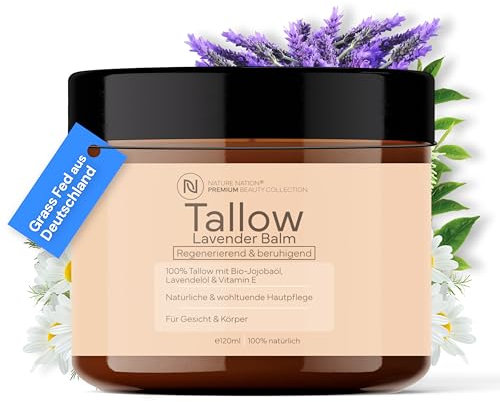 Tallow Rindertalg - 100% natürliche Hautpflege - Beef Talg Creme; Deutsche Rinder; Freie & artgerechte Weidehaltung + BIO Jojobaöl (Jojoba) - Mit Vitamin E, ohne Zusatzstoffe (1 x 120ml, Lavendel)