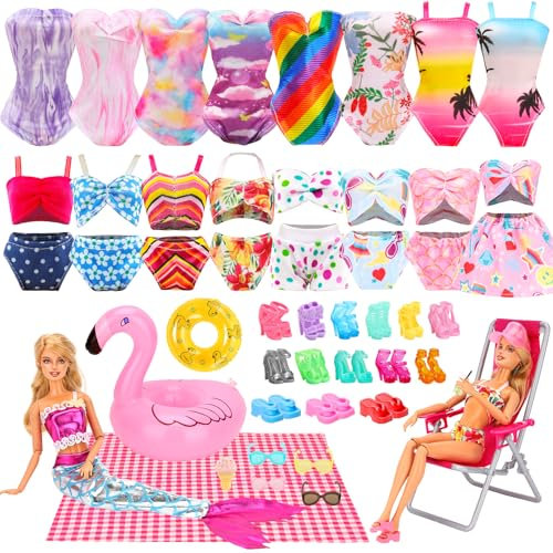 25 Pcs Doll Clothes & Accessories Set, 11.5 Inch Doll Outfit Vacation Collection with Swimsuit Chair Picnic Mat Swim Ring Glasses Hat Shoes for Kids Girls Birthday Gifts