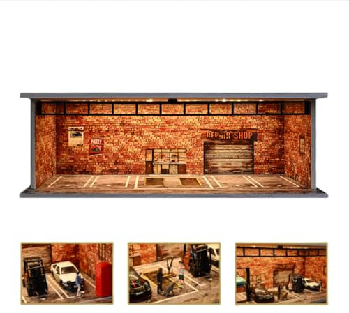 NUEIOVRW 1/64 Diorama Garage Modell, mit Warmes Licht Auto Showroom Parkplatz Szene Modell Vitrine, 1/64 Diecast Garage Display Case, für Hot Wheels Modell Auto, Sammlung Geschenk (Vintage Garage)