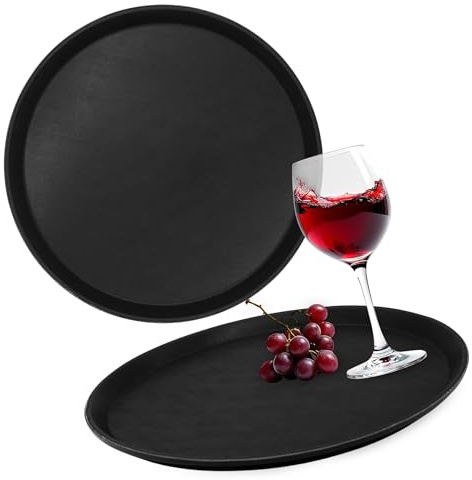 Spetebo Serviertablett rutschfest rund schwarz wiederverwendbar 35 cm - 2er Set - Mehrweg Kunststoff Antirusch Kellnertablett - Getränketablett Gastro Restaurant Bar Tablett Oberfläche rutschhemmend