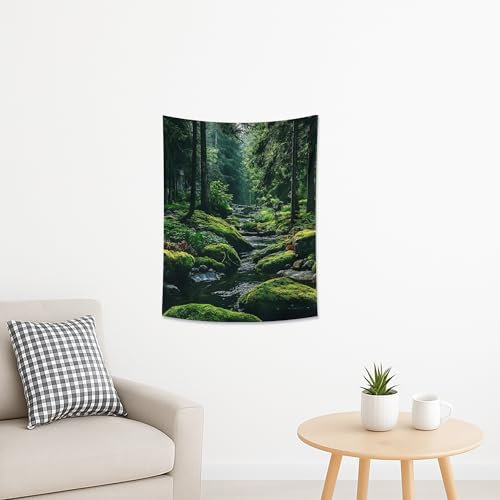 Forest Stream Tapestry, Mossy Rocks Nature Wall Hanging, Serenity Tapestries Aesthetic for Living Room, Bedroom, Yoga Space, Relaxing Home Decor 36x48 Inch