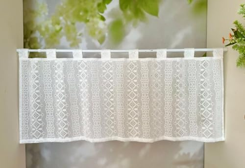 Jeeman Vintage Blumen Scheibengardine Halbtransparente Jacquard Kurzgardinen Dekorative Gardinen im Landhausstil Schlaufen Bistrogardinen für Wohnzimmer und Küche Weiß HxB 50x200cm 1 Stück