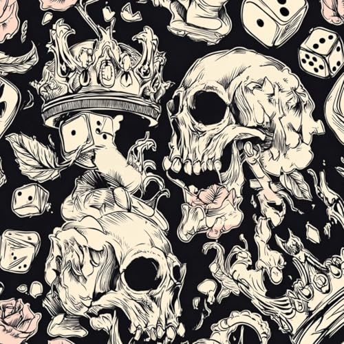 Self Adhesive Peel and Stick Wallpaper 45x300cm Skulls Roses Dice Crowns Tattoo Style Black White Wall Paper Roll Waterproof Removable Contact Paper Vinyl Wrap for Furniture Living Room