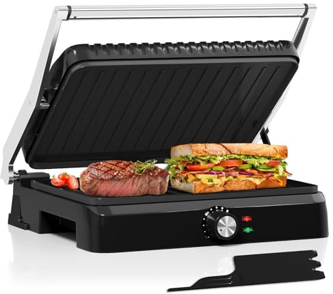 HOMELUX Kontaktgrill, 2 200 W, smörgåsgrill för smörgåsar, kött, med non-stick plattor 34 x 23 cm, rengöringsskrapa, 180° öppning, justerbar temperatur, uppsamlingsbricka | Non-stick beläggning, Panini-grill och smörgåsgrill, låg fetthalt med uppsamlingsbricka, lätt att rengöra, för hushåll familj