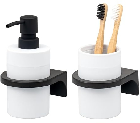 bremermann Badezimmer-Set Savona mit Soft-Touch Oberfläche inkl. Wandhalterung zum Kleben oder Bohren, rundes Bad-Accessoires Set 2tlg. aus 1x Seifenspender und 1x Becher aus Kunststoff (Weiß)