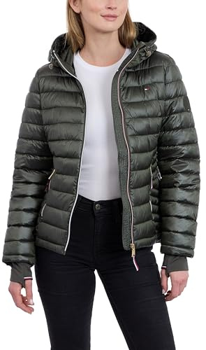 Tommy Hilfiger Leichte verstaubare Pufferjacke für Damen mit Kapuze und Tasche