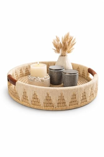 Handwoven Rattan Home Styling Tray – Large Round Decorative Serving Basket with Handles (40 cm)