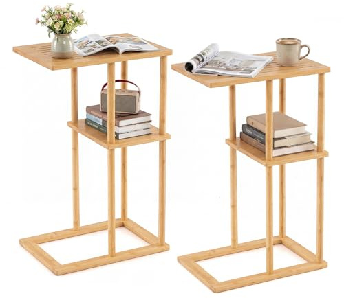 COSTWAY 2er Set Beistelltisch, Nachttisch schmal aus Bambus, rechteckiger Sofatisch mit Ablageflächen, Countisch C-Form, Nachttisch für Wohnzimmer und Schlafzimmer