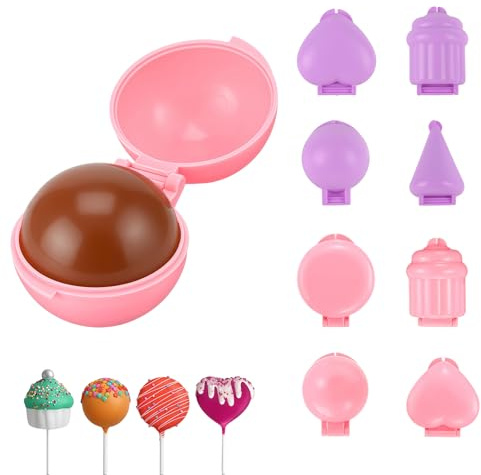 FloralGrace 8 Stück Kuchen Lollipop Formen Presse 4 Formen Mini Kuchen Lollipop Ausstecher Und Drücker 3D Gedruckt Kugel Herz Rund Cupcake Cake Pop Formen DIY Kuchen