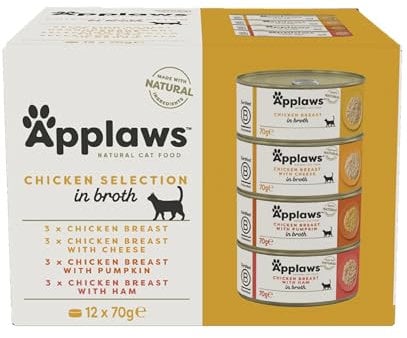 Applaws 100% natürliches Premium-Nassfutter für Katzen, Hühnerauswahl in Brühe für ausgewachsene Katzen - Packung mit 12 x 70g Dosen