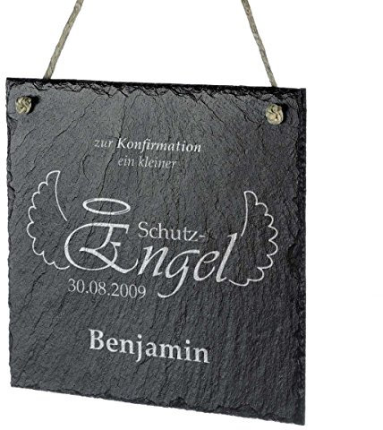 polar-effekt Aufhängeschild Schiefertafel Personalisiert mit Gravur - Türschild 20x20cm - Geschenk zur Taufe oder Konfirmation - Motiv Schutzengel zu Kirchlichen Anlässen
