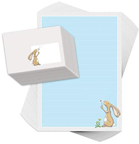 emufarm Briefpapier-Set für Kinder HASE HAMLET 20 Blatt DIN A4 liniert mit 20 bedruckten Umschlägen in Blau, Grau, Weiß