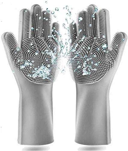 Premium Geschirrspülhandschuhe mit Bürste aus Silikon (Grau) - Ideale Silikon Handschuhe zur Reinigung des Geschirrs dank Noppen Oberfläche
