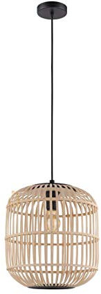 EGLO Pendelleuchte Bordesley, 1 flammige Hängelampe Vintage, Natur, Boho, Hygge, Hängeleuchte Stahl in Schwarz und Holz in Naturfarben, Esstischlampe, Wohnzimmerlampe hängend mit E27 Fassung, Ø 35 cm