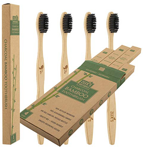 Biodegradable Eco-Friendly Natural Bamboo Charcoal Toothbrushes - Pack of 4 - Numbered - Charcoal Infused Bristles