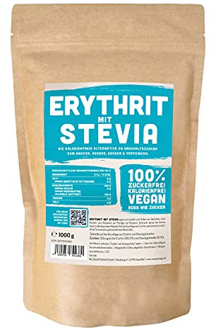 Erythrit + Stevia natürlicher Zuckerersatz ohne Kalorien 1:1 Süße gegenüber Zucker, ohne Eigengeschmack, gesunde Alternative zum Kochen, Backen, Süßen (1 kg Doypack)