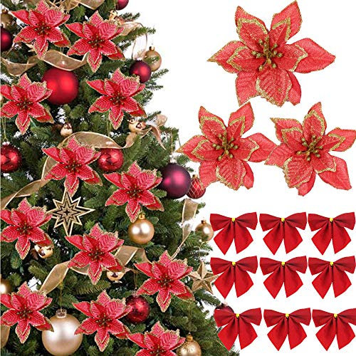 jenich (48Pcs) 24Pcs künstliche Weihnachtsblumen+24Pcs Weihnachten Schleifen Rot Kunstblumen Weihnachten Ornamente künstliche Blumen Weihnachtsbaum Deko Verzierung für Weihnachten Adventskränze
