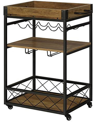 HOMCOM Carro de Cocina Carrito de Servicio Móvil Multiusos con 3 Estantes Bandeja Botellero Soporte Copas y Barra para Comedor 77x44,5x91 cm Madera Rústica