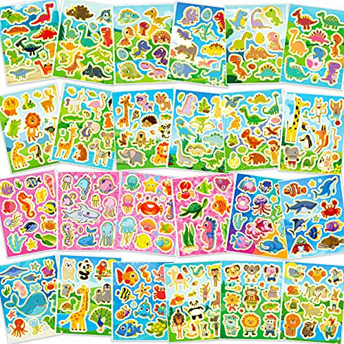 HOWAF 300+ Glitter Stickers for Kids Crafts, DIY Scrapbooking Cards - 24 Sheet Sea Animal Dinosaur Stickers for Boys Journal, Photo Albums, Water Bottle
