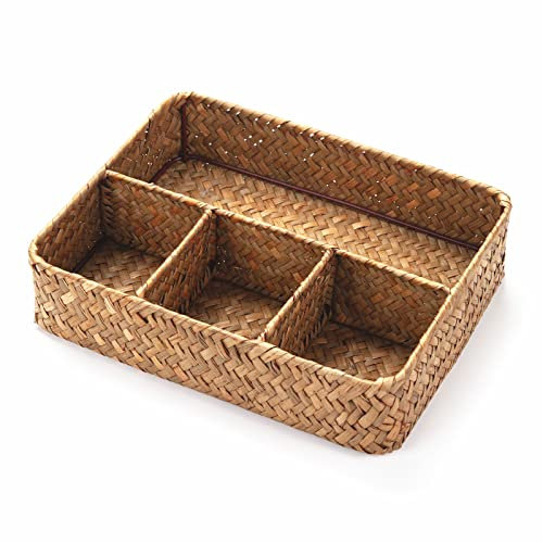 YANGQIHOME Teebeutelhalter Rattan, Teebeutelablagen, Kaffeebeutel/Zuckerbeutel-Organizer, Aufbewahrungskorb aus Seegras, geteilter Korb für Regal/Arbeitsplatte