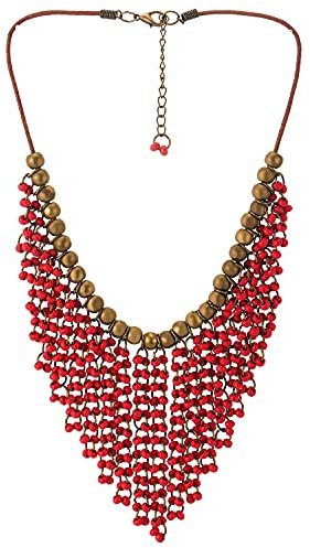 COOLSTEELANDBEYOND Rojo Madera Perla Borla Statement Babero Gargantilla Choker Collar Multi Capas Colgante con Latón Envejecido PerlaVestir