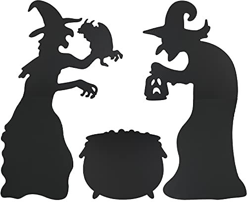LAMEK Hexen Silhouette Hof Schilder Halloween Outdoor Dekoration Schwarz Kessel Gartenstecker Gruselige Hofpfähle mit 10 Holzstock Party Deko für Halloween Außenbereich Rasen, 27,5 Zoll