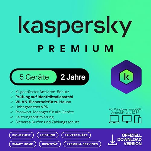 Kaspersky Premium Total Security 2026 | 5 Geräte | 2 Jahre | Anti-Phishing und Firewall | Unbegrenzter VPN | Passwort-Manager | Kindersicherung | 24/7 Unterstützung | PC/Mac/Mobile | Code per Email