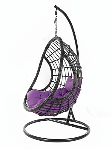 Kideo® Komplettset: großer Hängesessel mit Gestell & Kissen, Indoor & Outdoor, Poly-Rattan, schwarz (Kissen: lila Chesterstepp (4050 Violet), Korb & Gestell: schwarz)