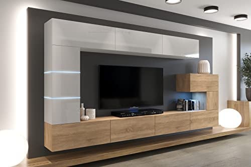 Furnitech Wohnwand Wohnzimmer - Wohnzimmer Möbel mit LED RGB - 16 Farben - Hängend Wohnwand Modern - Wohnzimmer Schrankwand mit Regale und TV Schrank (AN89NEW-21WS-HGM21)
