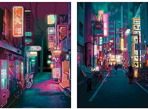 Japan Art Poster Set von 2 – Japanischer Druck Kunstwerk auf Leinwand Rolle – Großes Tokyo Anime Wandkunst Poster Geschenk – Moderne Nacht Stadt Bild Wanddekoration für Schlafzimmer Küche Wohnzimmer