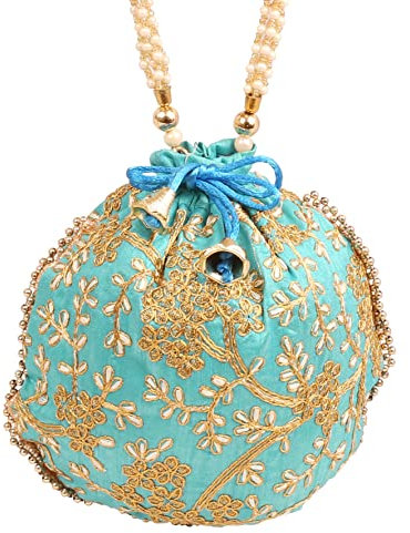 Touchstone Sac fantaisie indien traditionnel brodé à la main avec motif floral - Perles synthétiques - Cordon de serrage - Vert sarcelle - Pour femme.