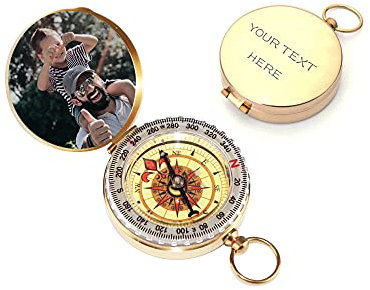 Godchoices Personalisierter Kompass, Individuell Gravierter Kompass mit Foto Text, Messing, Pfadfinder-Kompass, Vintage, Camping, Wandern, Kompass, Taufe, Vatertag, Abschlussgeschenk
