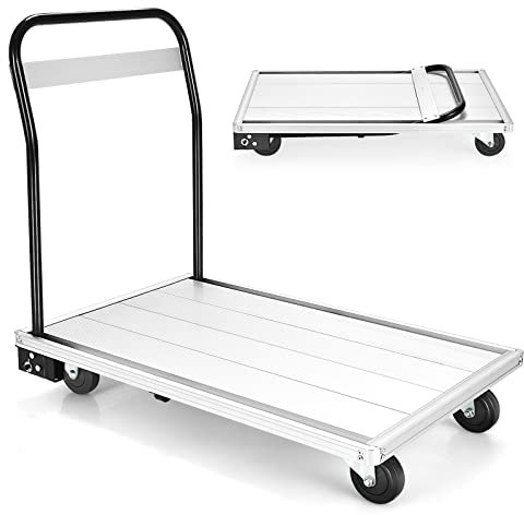 TANGZON 350kg Folding Platform Trolley, 91 x 60 x 82cm Heavy Duty Flatbed Hand Sack Dolly with 4 TPR Wheels, Aluminum Platform Truck for Garage Luggage Barrow Tranpost
