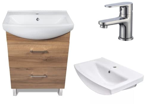 VBChome Badmöbel Nussbaum 50 cm Unterschrank Waschbecken mit Armatur Waschbeckenunterschrank Unterschrank Badezimmerschrank 2 Schubladen Standmöbel