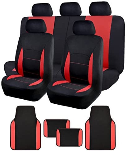 Flying Banner Universal Sitzbezug Auto Komplettset mit rutschfesten Auto-Fußmatte (Combo Set, Rot)