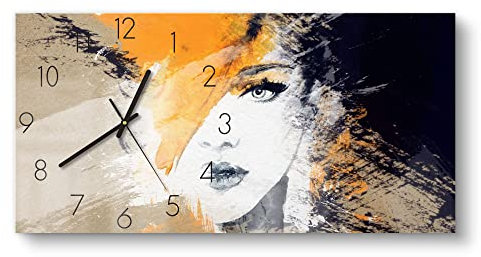 DEQORI Glasuhr | vertikal 60x30 cm | Motiv Abstraktes Gesicht | große XXL Design Uhr aus Glas | leise Wanduhr für Wohnzimmer & Küche | moderne Hingucker Uhr für die Wand