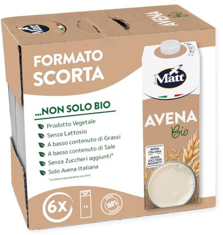 Matt, Avena Bio, Bevanda Vegetale Senza Lattosio e Senza Zuccheri Aggiunti, Bevanda Fresca e Dissetante a Basso Contenuto di Grassi, Gusto Delicato e Dolce, Alimentazione Sana, Confezione da 6x1L