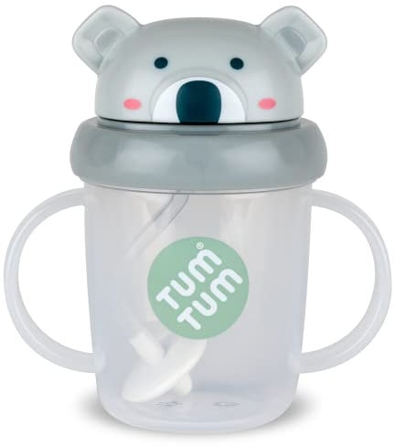 TUM TUM Tasse avec paille lestée, Tasse anti-fuite, Tasse d’Apprentissage pour Bébé, Couvercle Rabattable, Paille en Silicone (Kevin le Koala 200ml)
