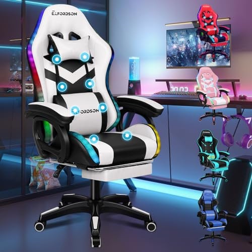 ELFORDSON Gaming Chair with 8-Point Massage and LED Ligtht, Computer Office Chair with Lumbar Cushion Footrest Tall Back 150° Reclining, Adults and Kids, White and Black