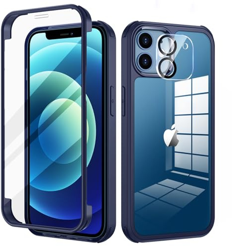 seacosmo for iPhone 12 Case with 9H Tempered Glass Screen Protector, Blue | Full Body Shockproof Protection Armour Cover, Camera Lens Protector, Slim Fit Bumper Dual Layer Protective Rugged Phone Case