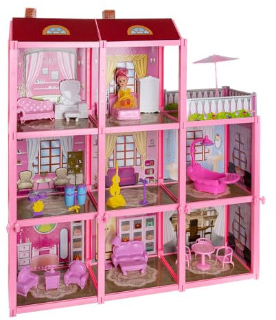 KRUZZEL Casa delle Bambole Grande 3 Piani 8 Camere Balcone 22 Mobili per Ragazze Giochi di Ruolo Giocattolo Educativo Rosa 22611