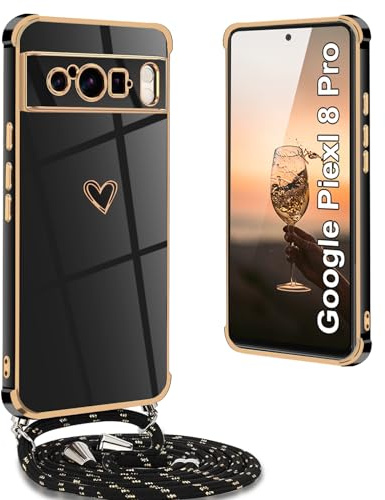Yutwo Hülle Google Pixel 8 Pro mit Band, Handyhülle Google Pixel 8 Pro mit Band Stoßfeste Handykette Herz Love Design Schutzhülle, Schwarz