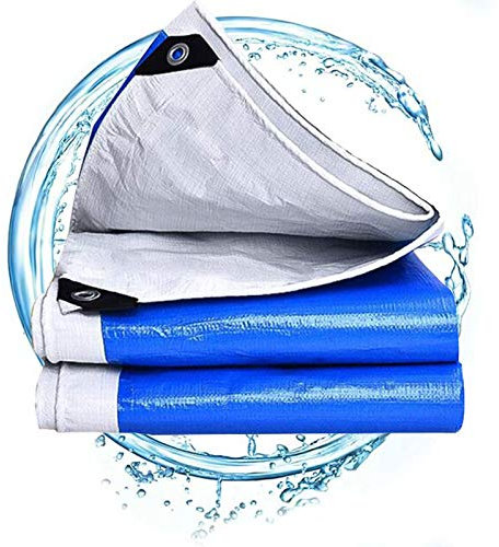 RajoNN Campingzelt, 5 x 10 m, robuste Plane, blau, Mehrzweckplane, weiß, wasserdicht, UV-beständig, rostfreie Ösen, verstärkte Kanten, für Plane, Überdachung, Zelt, Boot, Wohnmobil oder Poolabdeckung