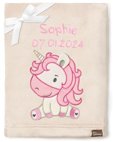 Be Mammy Personalisierte Babydecke mit 3D Applikation Warme Kuscheldecke mit Namen und Geburtsdatum; Perfektes Baby Geschenk; Blanket; Krabbeldecke BE20-280 (Beige - Einhorn)