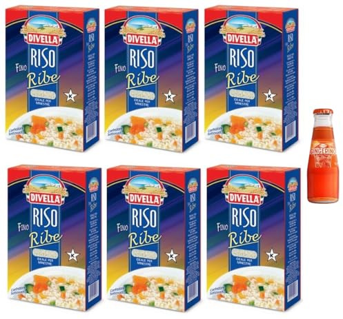 6 x Divella Reis Ribe, Reis bis in Bohnen, ideal für Suppen und Suppen, Vakuumverpackung 1 kg + 1 x Recoaro Aperitivo Italiano Ingwer 10 cl gratis